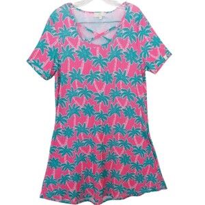 Simply Southern Pink Palm Tree Dress Pockets Size XL Short Sleeve